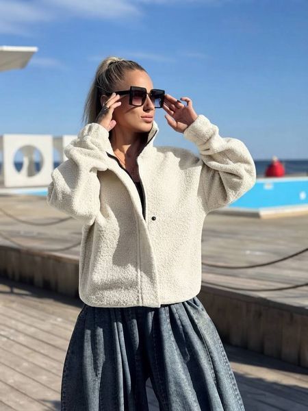 Куртка, бомбер жіночий, хутро букле, колір бежевий IMMA306-42-46-бежевий фото