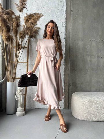 Сукня вільна з поясом, довжина максі колір бежевий IMMA333-42-44-бежева фото