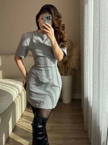 Сукня міні з баскою колір сірий IMMA450-сірий фото