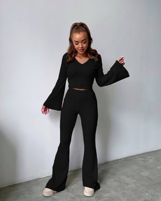 Костюм жіночий трикотаж-рубчик мустанг, брюки кльош і топ, колір чорний IMMA148-42-44 чорний фото