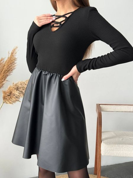 Сукня в рубчик та з екошкіри колір чорний IMMA145-42-44  фото