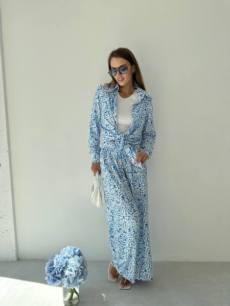 Костюм жіночий, широкі брюки та довга сорочка, колір блакитний IMMA055-блакийтний 42-44 фото