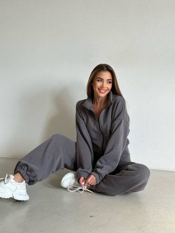 Костюм женский на флисе, укороченное худи и свободные штаны IMMA078 42-44 сірий фото