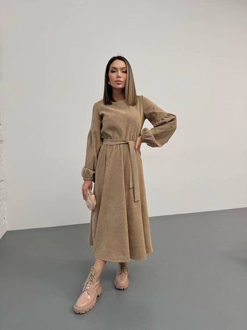 Сукня вельветова елегантна, довжини міді, колір бежевий IMMA273-42-44 бежевий фото